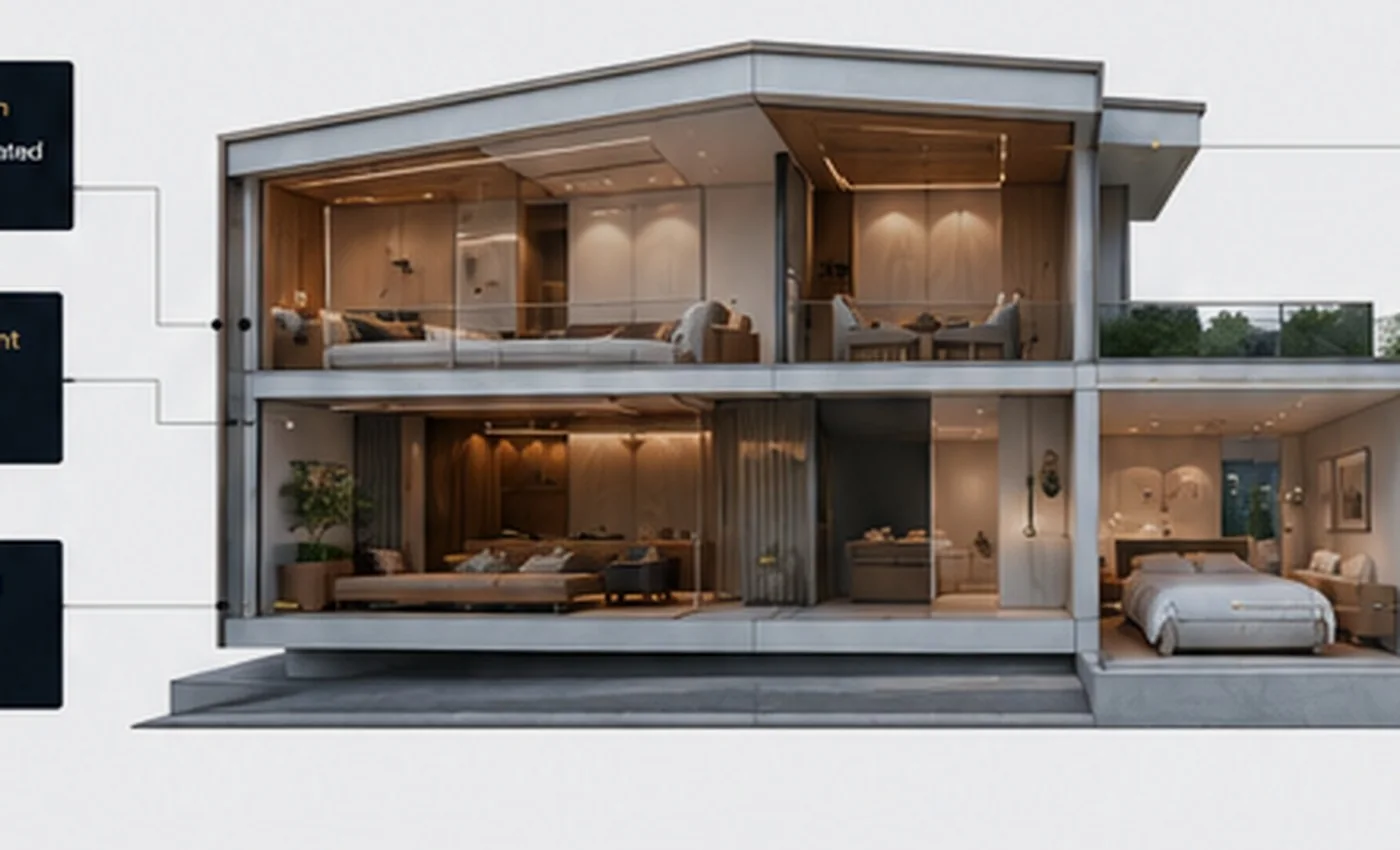 Cutaway view of a modern house showing coordinated room-by-room climate design