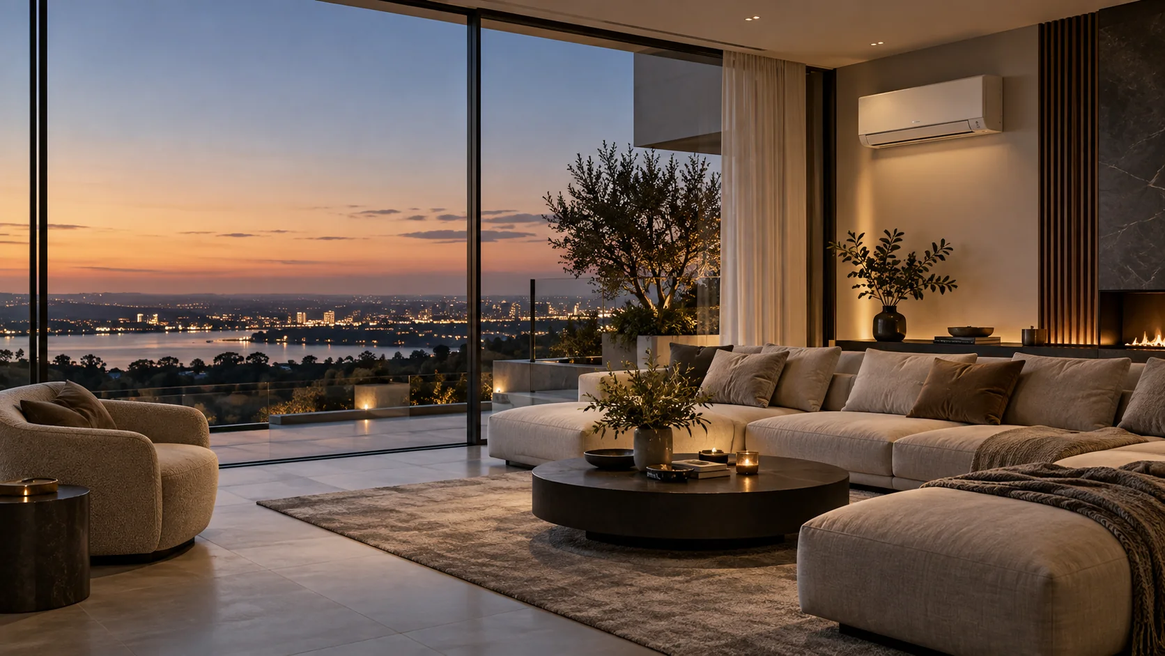 Contemporary living room with discreet wall-mounted air conditioning